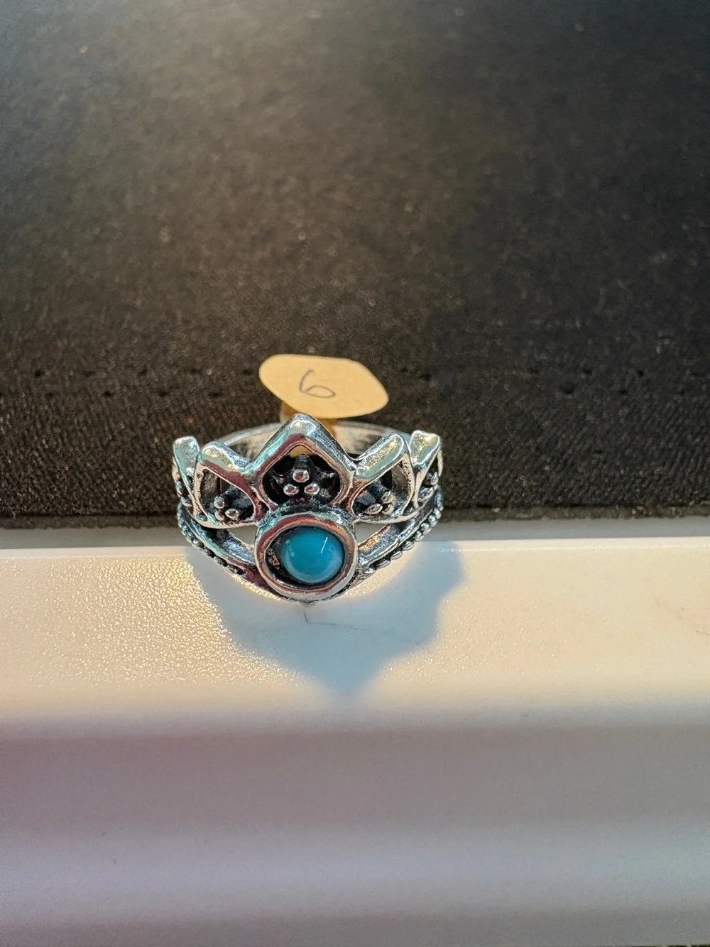 Silver Tone Crown Ring with Turquoise Accent Size 6